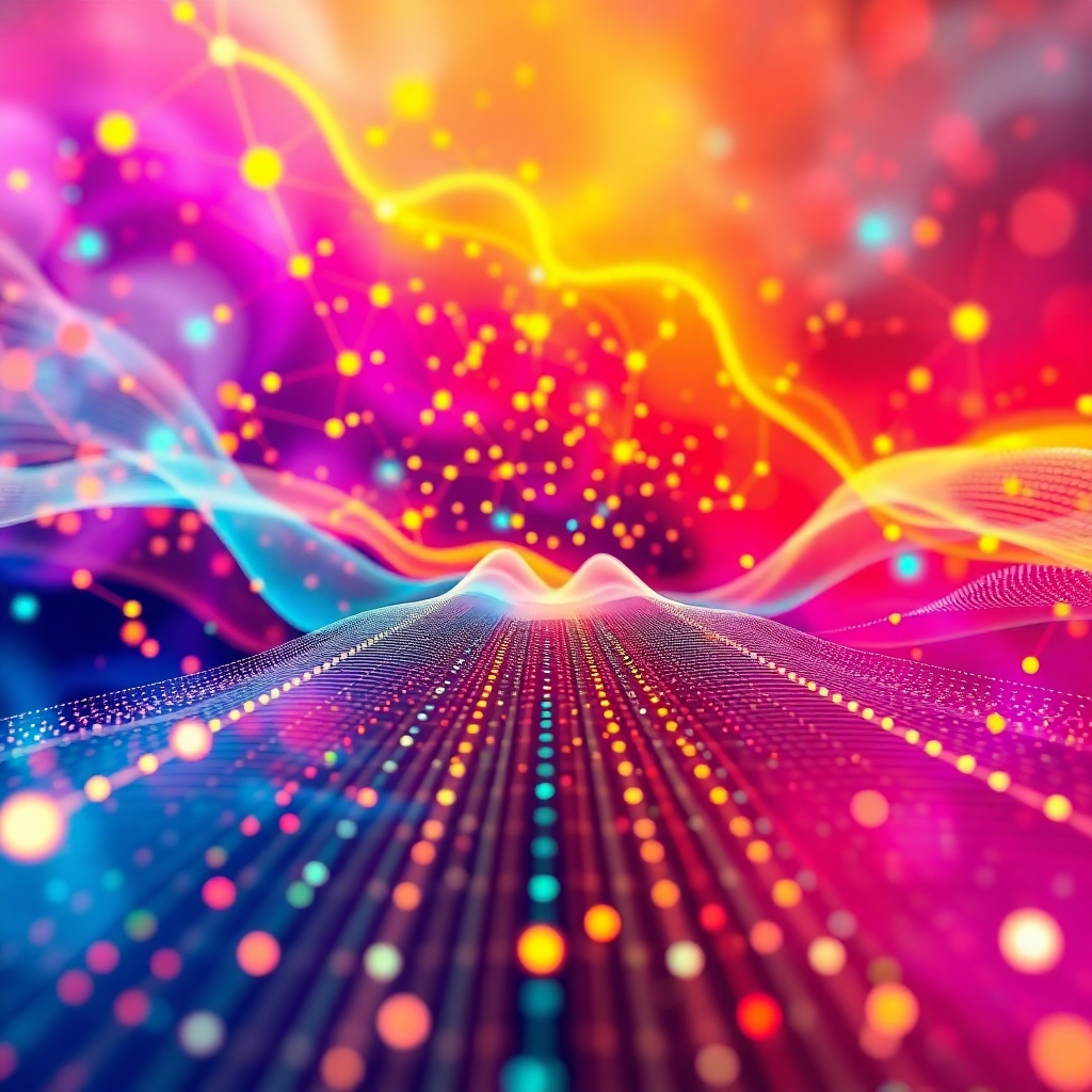 Create a 4K resolution image that visually represents the core concept of FreqVibes. It could be an abstract artwork depicting interconnected nodes and energy flows, or a stylized image of sound waves transforming into digital elements. The color palette should be vibrant yet harmonious, suggesting balance and energy. The composition should be balanced, creating a sense of flow and interconnectedness. The lighting should be bright and crisp, enhancing the visual clarity. The texture details should be high quality, with a focus on the seamless transitions from physical energy to digital form. The camera angle should be from a bird's-eye view, offering an overall perspective on this dynamic interplay. The environment should be clean and uncluttered. Style references can draw inspiration from Art Deco and modern technology. The goal is to create an image that effectively communicates the essence of Frequencies and Vibrations in a Digital Context.