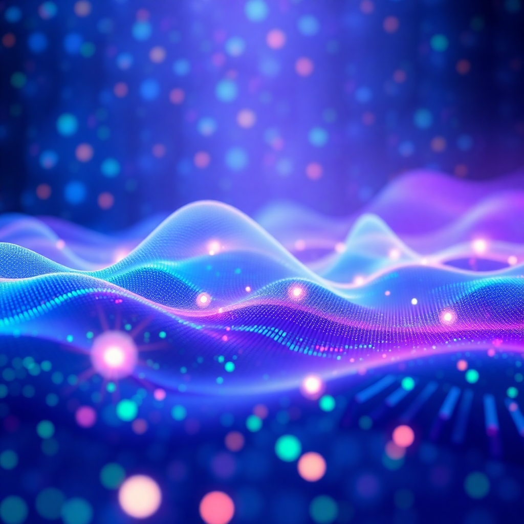 Create a photorealistic, ultra-high-quality 8K resolution image for the hero section of a website. The image should depict a mesmerizing visualization of sound waves and frequencies, possibly intertwined with digital design elements like glowing circuit boards or abstract code. The color palette should be a blend of deep blues, purples, and vibrant greens, suggesting energy and technology.  The composition should be balanced, with the sound waves as the central focus, subtly integrated with design elements.  Use hyperrealistic rendering techniques to showcase the textures, creating a smooth, flowing effect for the sound waves and a detailed, metallic look for any circuit board elements. The lighting should be soft and ethereal, enhancing the mystical vibe of the overall scene. The camera angle should be slightly elevated, offering a comprehensive view of the scene. The environment should be futuristic and otherworldly, suggesting a digital realm. Relevant props might include glowing orbs or lines of code, subtly incorporated to represent the digital aspect. Style references could include the works of Syd Mead and other artists known for their futuristic and visually stunning imagery. The overall goal is to achieve a highly realistic, stunning visual that encapsulates the essence of "Frequencies and Vibrations" and "Digital Development and Design".