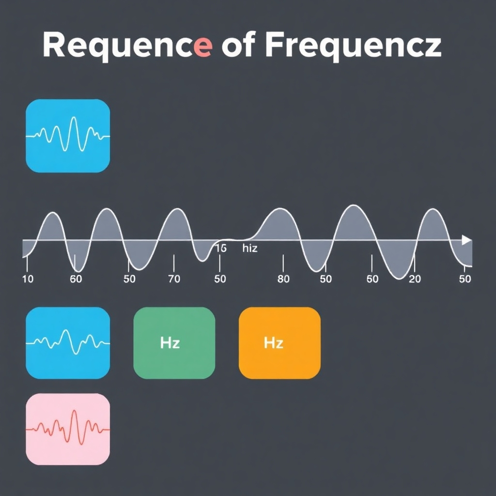 Create a scientific illustration depicting the measurement of frequency using a Hertz scale. Showcase various wave patterns with their corresponding Hz values clearly labeled, using a clean and informative style. The image should feel accurate and informative, with a focus on clarity and scientific precision. The color palette should be professional and informative.