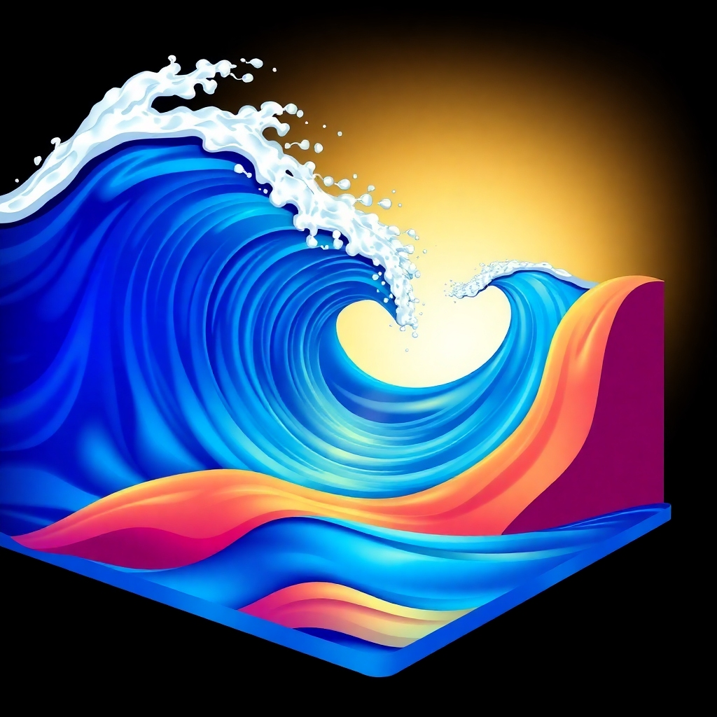 Create a stylized image depicting wave phenomena. Show waves interfering, diffracting, and reflecting off various surfaces. Use vibrant colors to emphasize the action and interaction of the waves. The style should be artistic and eye-catching while maintaining scientific accuracy. The image should capture the dynamic nature of wave behavior.