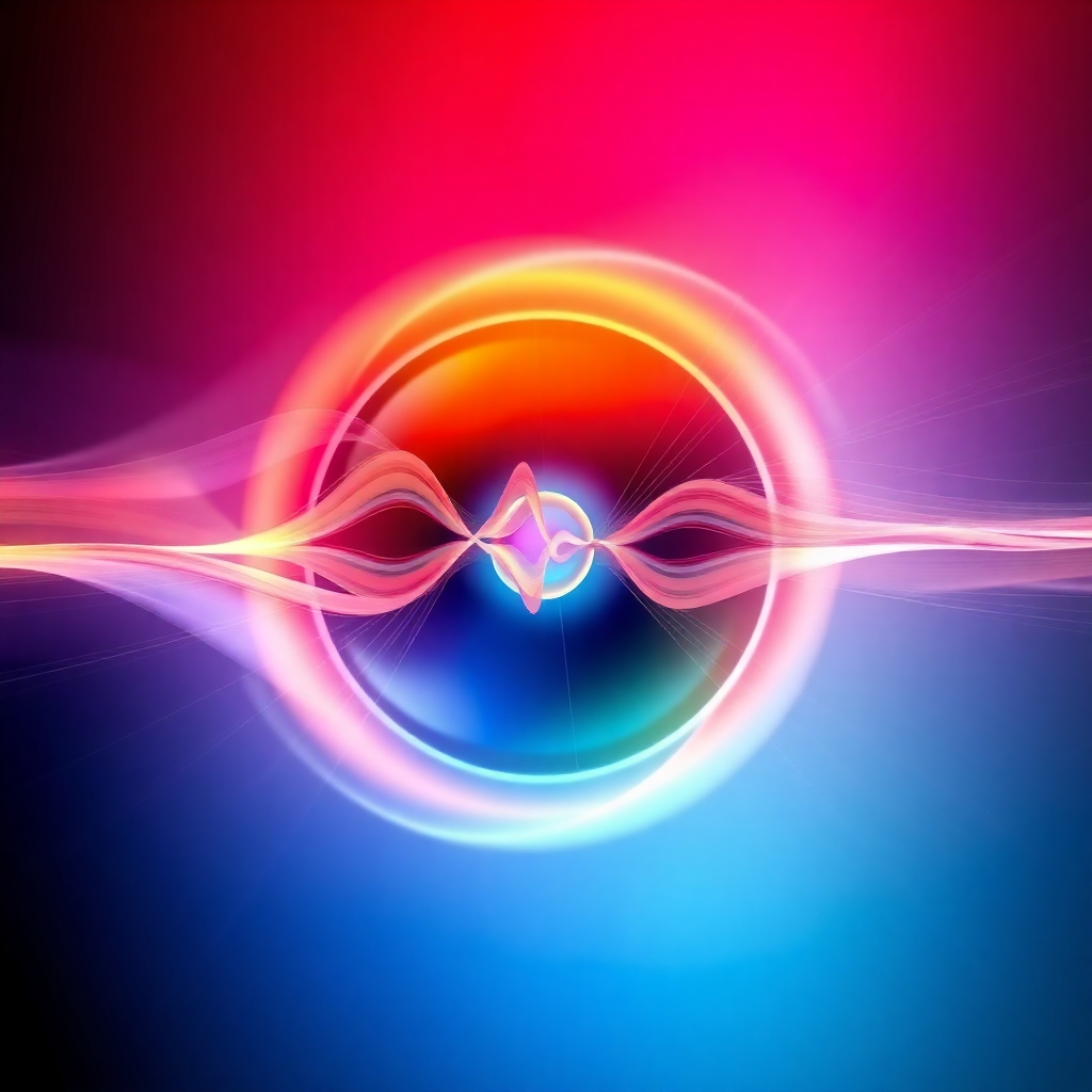 Generate an abstract image representing various principles of physics involving frequency and vibrations. Use color gradients to represent the energy levels and interactions within the abstract representation of a physical system. The image should visually show the flow of energy and the complexity of various principles. The goal is to communicate complex scientific concepts through abstract visual elements.