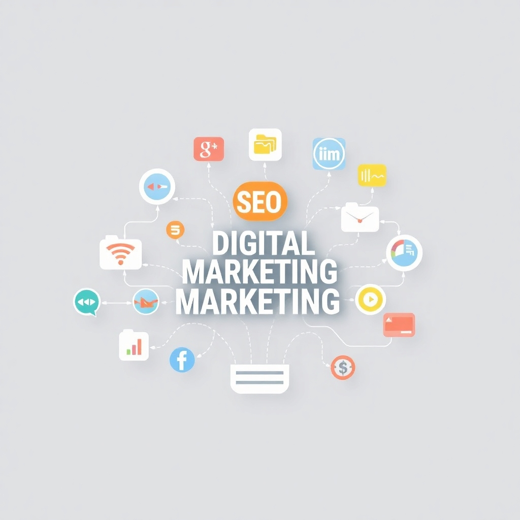 Generate an image showcasing the various aspects of digital marketing, including SEO, social media, and content marketing. The image could use visual metaphors to represent the flow of traffic and the reach of digital marketing. The composition should be balanced, with various icons representing each marketing method. The lighting should be crisp and clear, highlighting the details and making it easy to understand the overall strategy. The style should be both modern and effective, demonstrating the results of a comprehensive digital marketing approach.