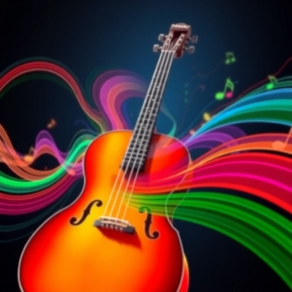 Generate an image showing sound waves visualized as colorful patterns dancing around a musical instrument such as a guitar or violin. Use bold colors and dynamic movements to represent the energy and emotion conveyed through music. The style should be appealing to musicians and music lovers, with a combination of realism and artistic flair. The image should capture the vibrancy and energy of music.