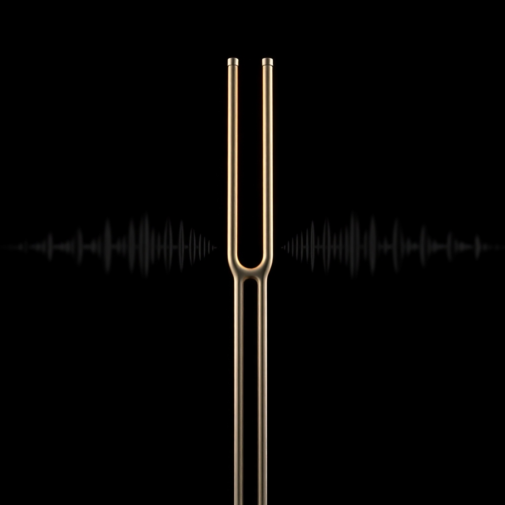 Produce a photorealistic visualization of two tuning forks resonating. Capture the moment when the second tuning fork begins to vibrate due to the sound waves from the first. Use a dark background to focus the viewer's attention on the forks and their vibrations. Emphasize the visual representation of resonant frequencies in this setup. The lighting should be crisp and highlight the motion blur from the vibrating forks.