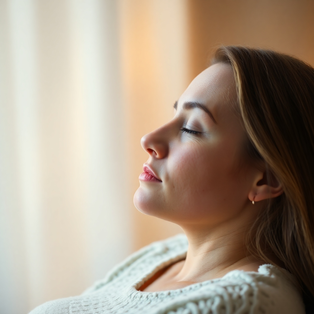 Produce an image depicting a person undergoing a sound therapy session. Use soft lighting to create a calm and serene atmosphere. The image should suggest healing and well-being. The colors should be soothing and calming, creating an overall sense of tranquility. The style should be both realistic and inspirational, conveying a sense of healing.
